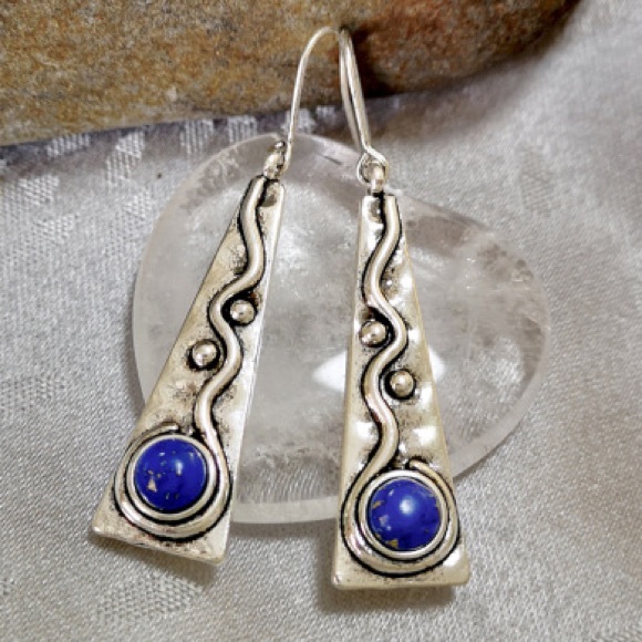 Metal Silver Boho Inlaid Blue Stone Drop Earrings - Picture 2 of 7